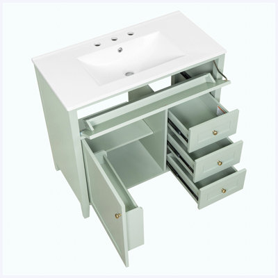 Meuble-lavabo sur pied vert 36 po avec lavabo, panneau de fibres à densité moyenne moderne et bois d'hévéa avec 3 tiroirs, tablette réglable, porte à gauche