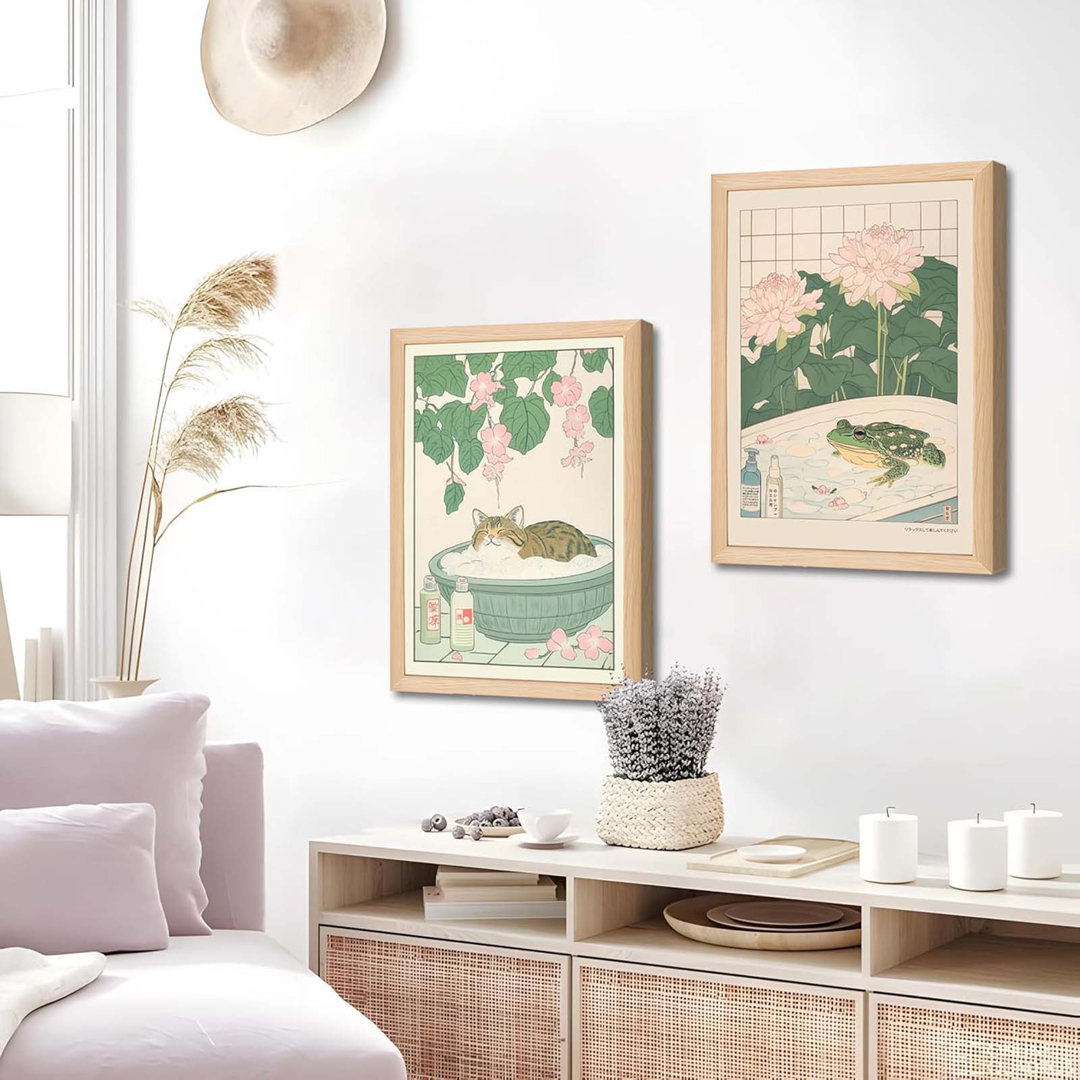 Set Of 2 Japanese Bathroom Wall Art Framed Canvas With Cats & Frogs, Wooden Frame, Abstract Nature Poster Prints For Bathroom Decor, Minimalist Zen Pa