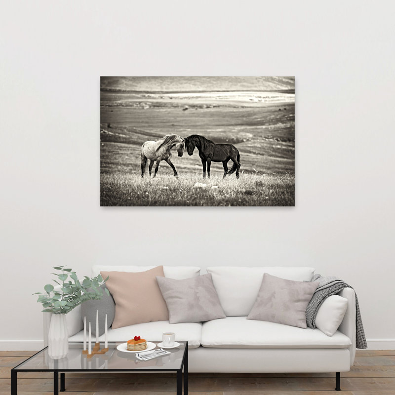 Wild Horses Together Rustic Abstract Contemporary Horse Landscape Nature Wall Art Print by Vedran Vidak - Wrapped Canvas Print
