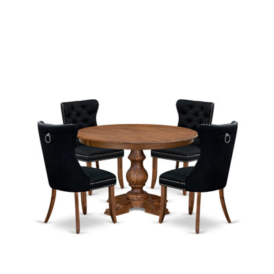 Ensemble de table de cuisine 5 pièces en polyester 4 chaises noires Parson, dossier capitonné et une table ronde de 54 po au fini noyer antique.