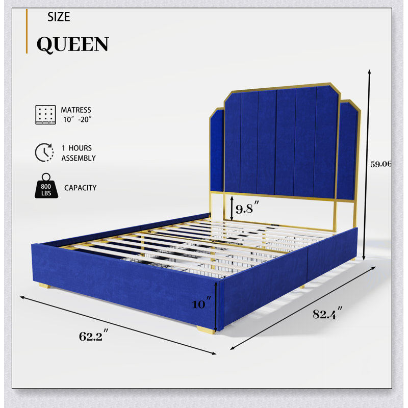 Bed Frame And 59.06" Headboard, Upholstered Bed With Golden Plating Trim
