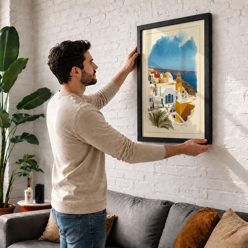 Mediterranean Village Coastal - Framed Print, A3 - 42.0 x 29.7 cm, Walnut