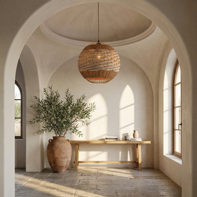 Palma 1-Light Two Tone Natural Woven Globe Pendant Light In Brass Finish