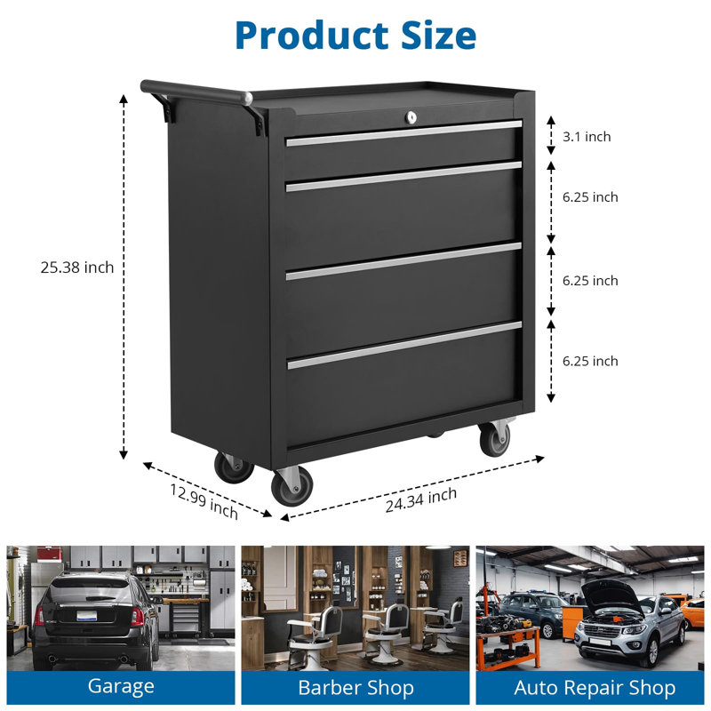 4-Drawer Rolling Tool Chest - Tool storage cabinet with wheels, locking system, drawer liners, and universal lockable wheels. Portable tool cart for garage or workshop. (Black)