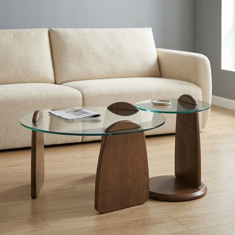 Forma Set of Two Wooden Coffee Tables with Tampered Glass Side Table, Walnut