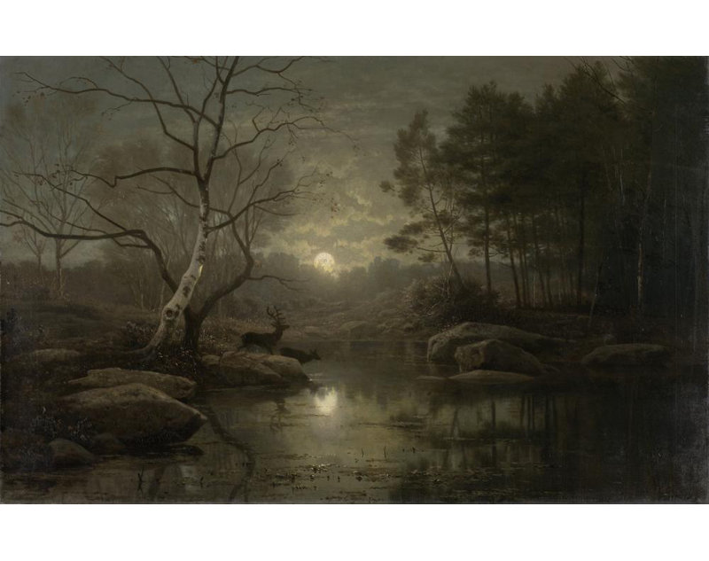 «Forest Landscape in the Moonlight» par Georg Eduard Otto Saal, reproduction d'art sur toile tendue avec châssis