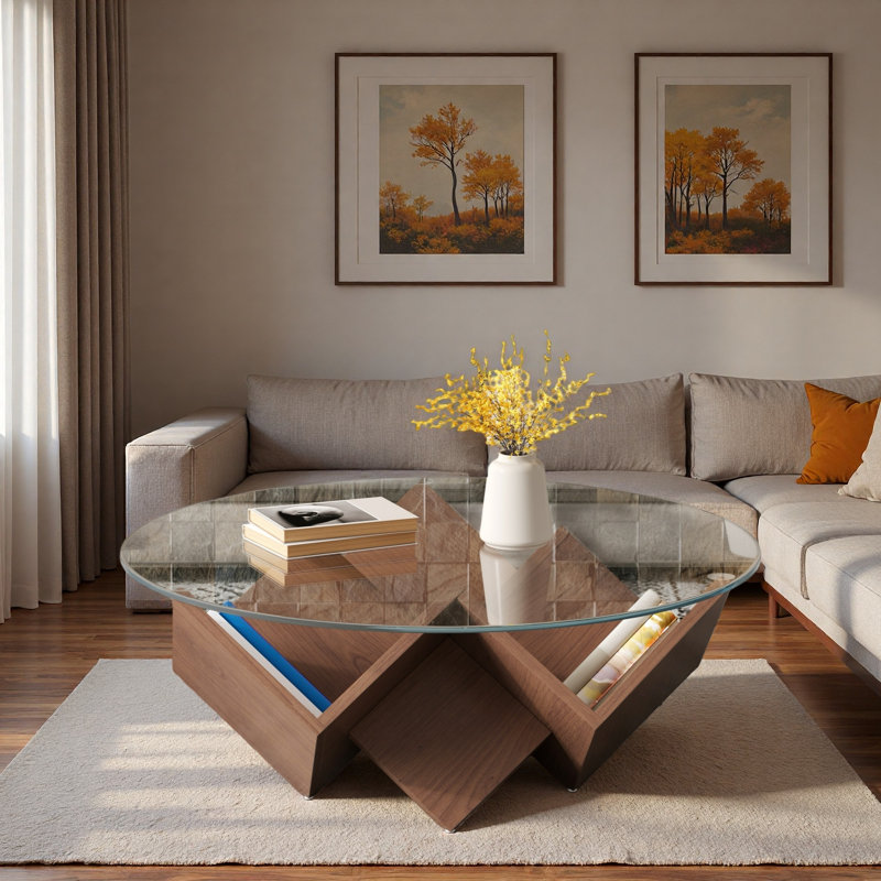 Table basse ronde avec plateau en verre et tablettes de rangement