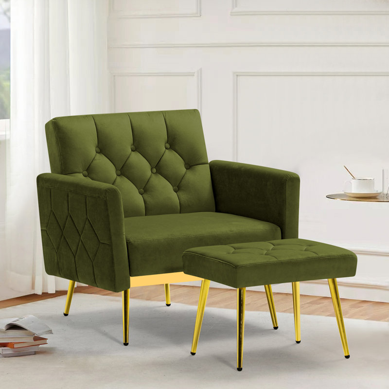 Zianny Velvet Accent Chair with Ottoman, Olive Green Velvet