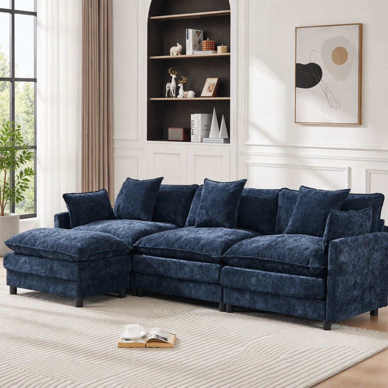 Canapé modulaire en forme de L 108 po en forme de nuage avec repose-pieds et siège profond en chenille 4 places 108 po, Bleu