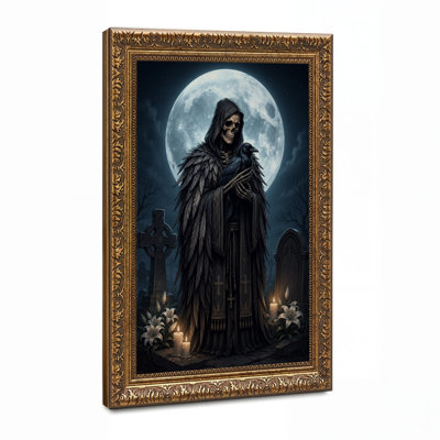 Grim Reaper Holding Black Raven In Moonlit Halloween Canvas Wall Art