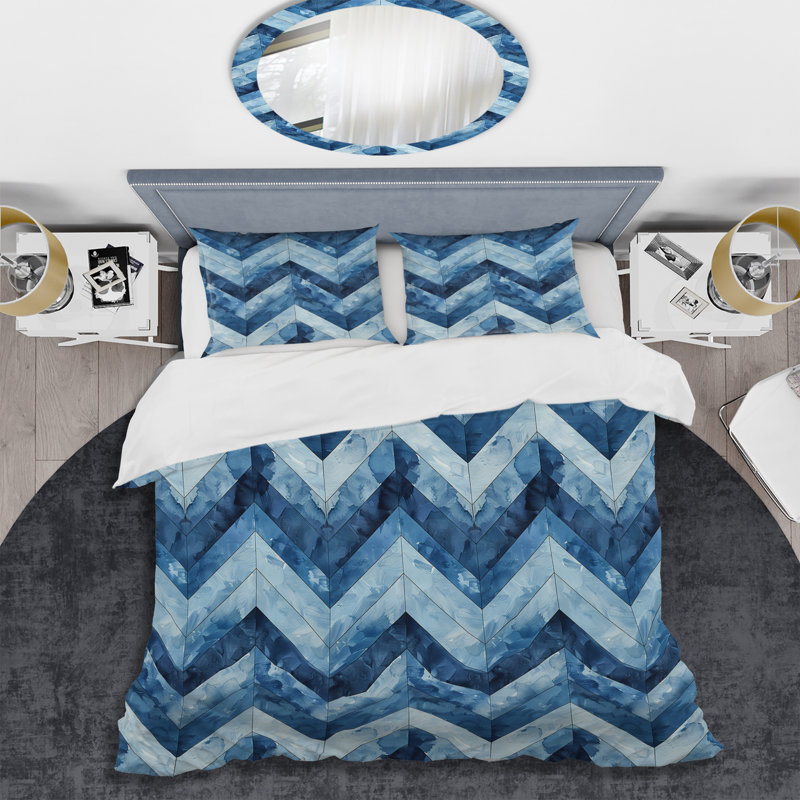 Ensemble de housse de couette moderne Blue Chevon, Housse de couette pour grand lit et 2 taies décor