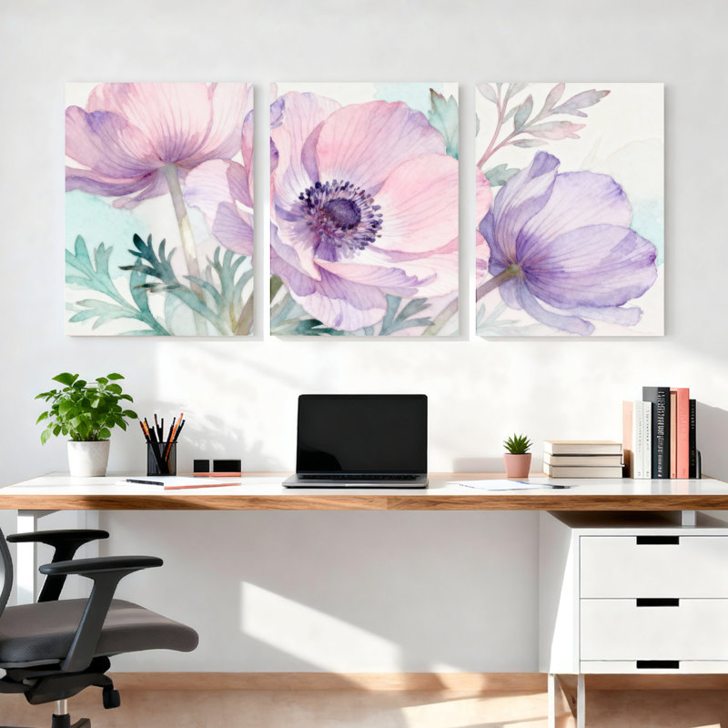 Aquarelle, fleurs d'anémone rose et mauve sur toile, impression florale (ensemble de 3), H 36 po x l 72 po