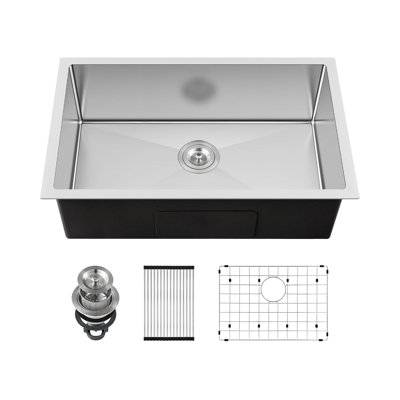 33" L Undermount Single Bowl Stainless Steel Kitchen Sink, Stainless Steel