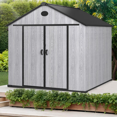 Remise de rangement extérieure en plastique de 8 pi avec plancher, remise de jardin imperméable de 435 pieds cubes avec porte verrouillable, rangement pour outils en plastique