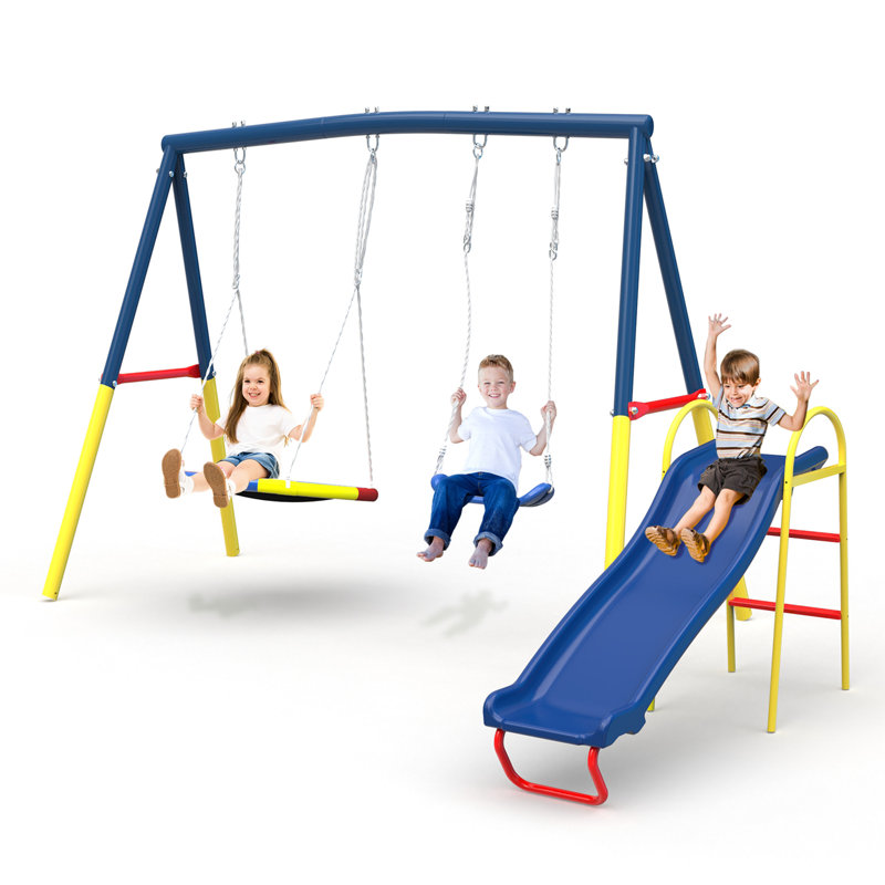 Balançoire 3 en 1, extérieur robuste avec glissoire, acier bleu