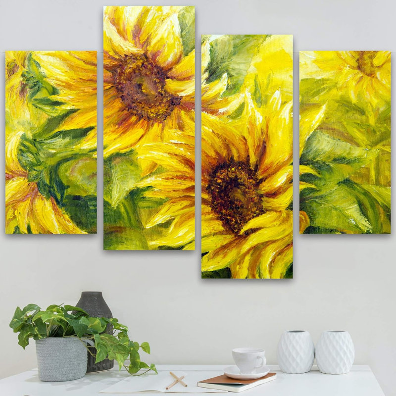 Tournesol, tournesols, peinture pour salon, bureau à domicile, très grand ensemble mural sur toile, ensemble de 4 pièces