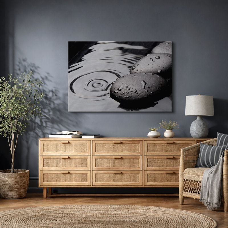 Zen Zen Stone, "Black Spa Rock Ripples In The Water", Serene Calm, H 24 po x l 36 po, Toile tendue