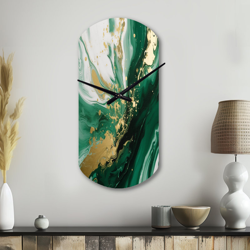 Vert et or Serene Cascade III - horloge murale asymétrique abstraite, Petit