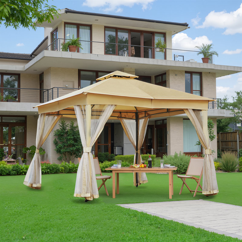 Pavillon de jardin avec moustiquaire à double toit pour patio, H 108 po x l 120 po x P 120 po, Beige