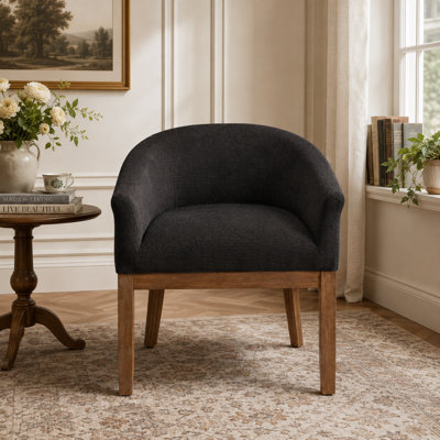 Ellvorn Mid-Century Modern Linen Barrel Dining Chair with Arms, Upholstered Kitchen Chair with Natural Rubberwood Frame, Curved Legs and Anti-Scratch Foot Pads