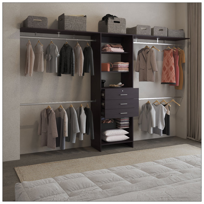Système de placard à tiroirs l 69 po à l 118 po Plego, cinq tablettes, quatre tringles de suspension, trois tiroirs, Blanc