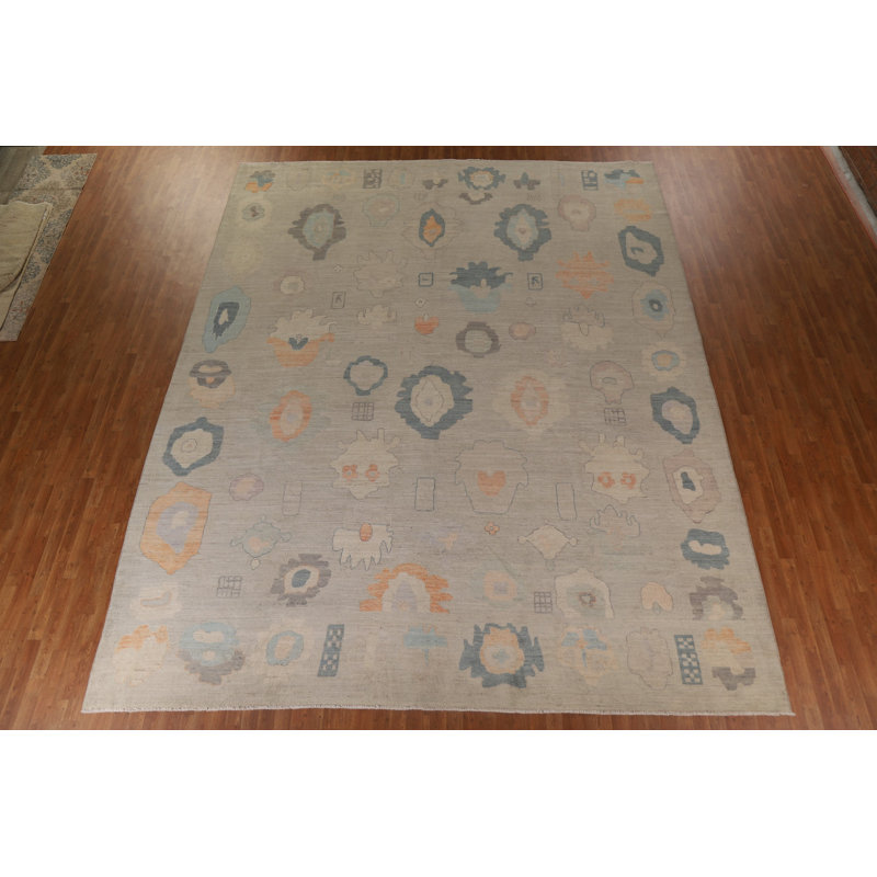 Tapis unique en laine noué à la main gris nouvel âge de 12 pi 1 po x 14 pi 9 po Oushak