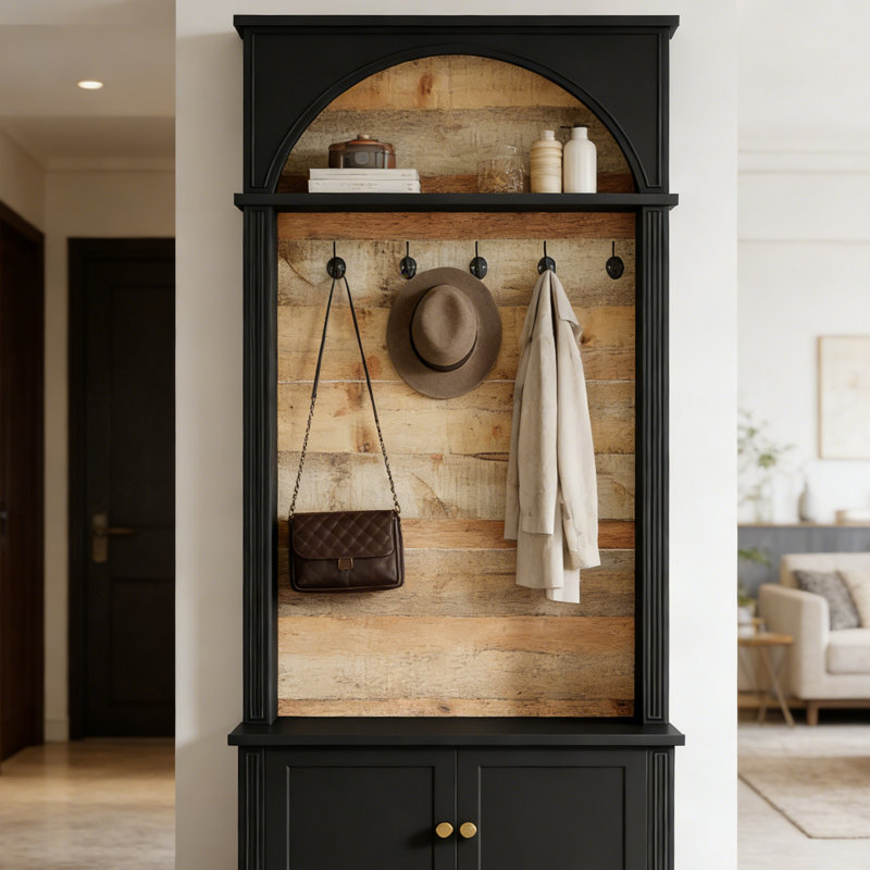 Black Solid Wood Farmhouse Entryway Hall Tree with Storage Bench & Hooks | Rustic Reclaimed Wood Back Panel | Mudroom or Foyer Coat Rack Cabinet | Transitional Style