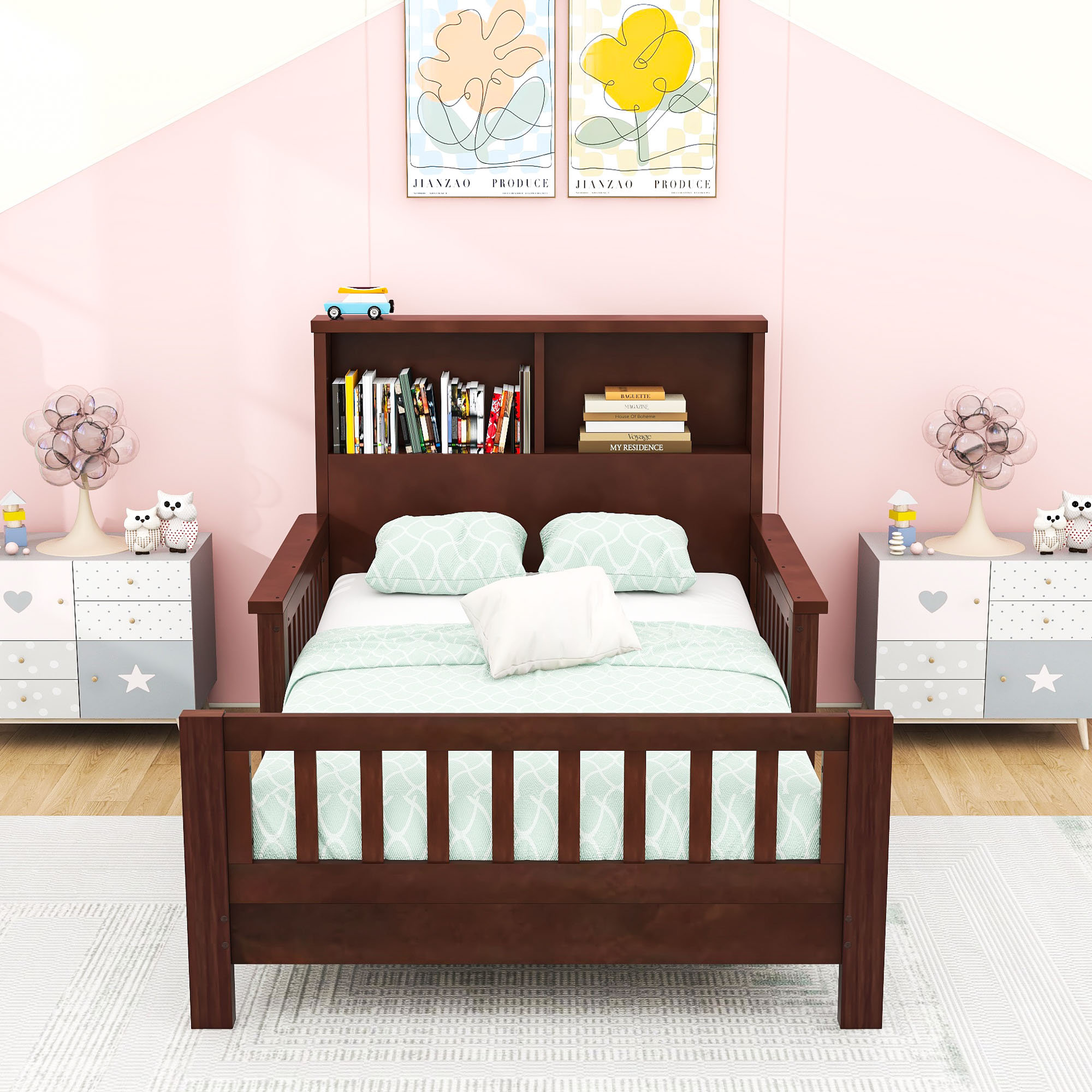 Harriet Bee Twin Platform Bed With Shelves And Safety Guardrails, Pull ...