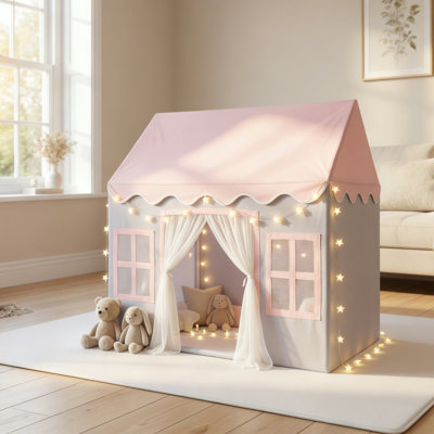 Tente de jeu Wilwolfer rose pour enfants avec tapis rembourré et lumières étoilées - maisonnette intérieure pour tout-petits filles et garçons, tente de château princesse pour chambre d'enfant, cadeau de jouet fantaisie pour Noël (rose et gris)