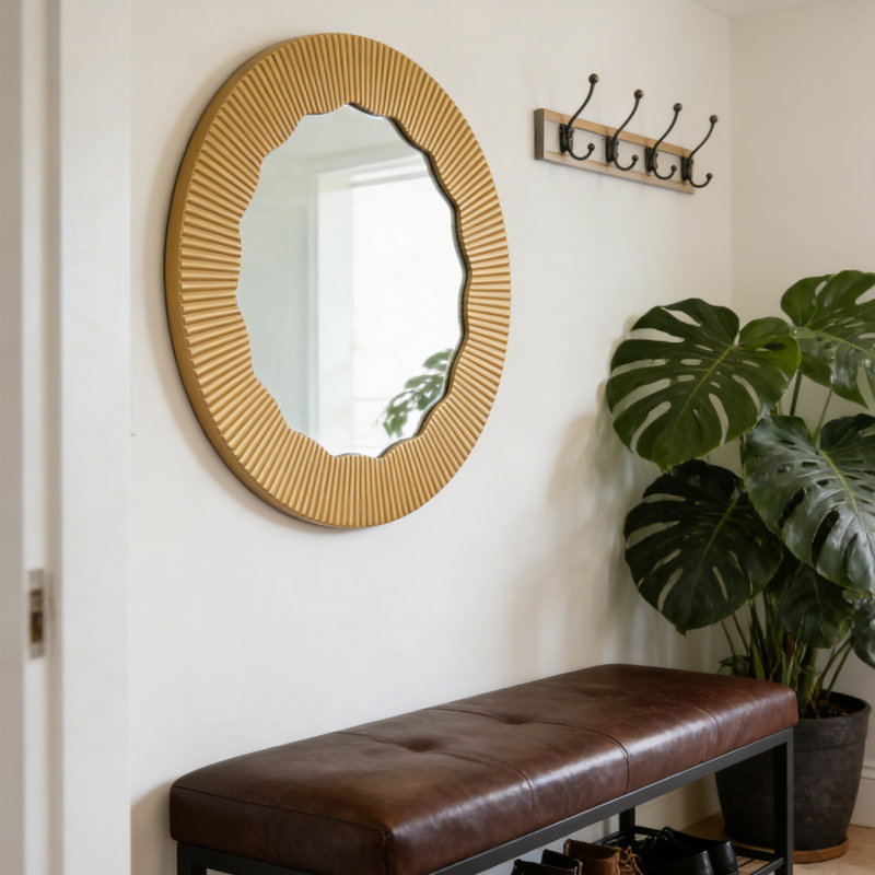 Modern Round Wall Mirror With Textured Frame, 27.6" Decorative Accent Mirror For Living Room, Bedroom & Entryway