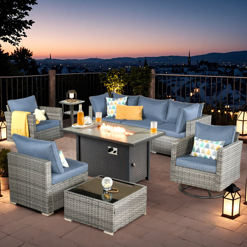 Wicker 6 - Person Outdoor Seating Group With Cushions With Fire Pit Table And Swivel Rocking Chairs, Blue