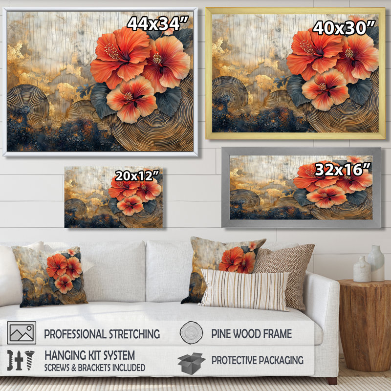 Inshirah hibiscus champ de fleurs sur un horizon en bois II - art mural hibiscus, H 12 po x l 20 po, Toile tendue