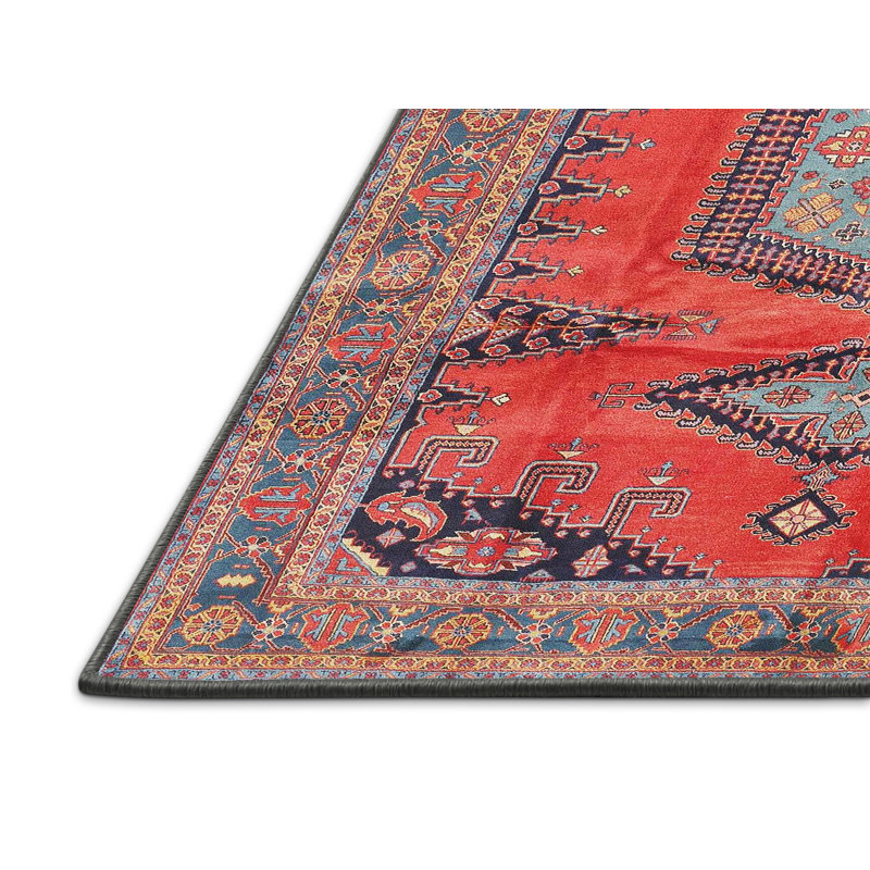 Tapis rouge/bleu/brun traditionnel Forteau, Rectangle 2 pi x 4 pi