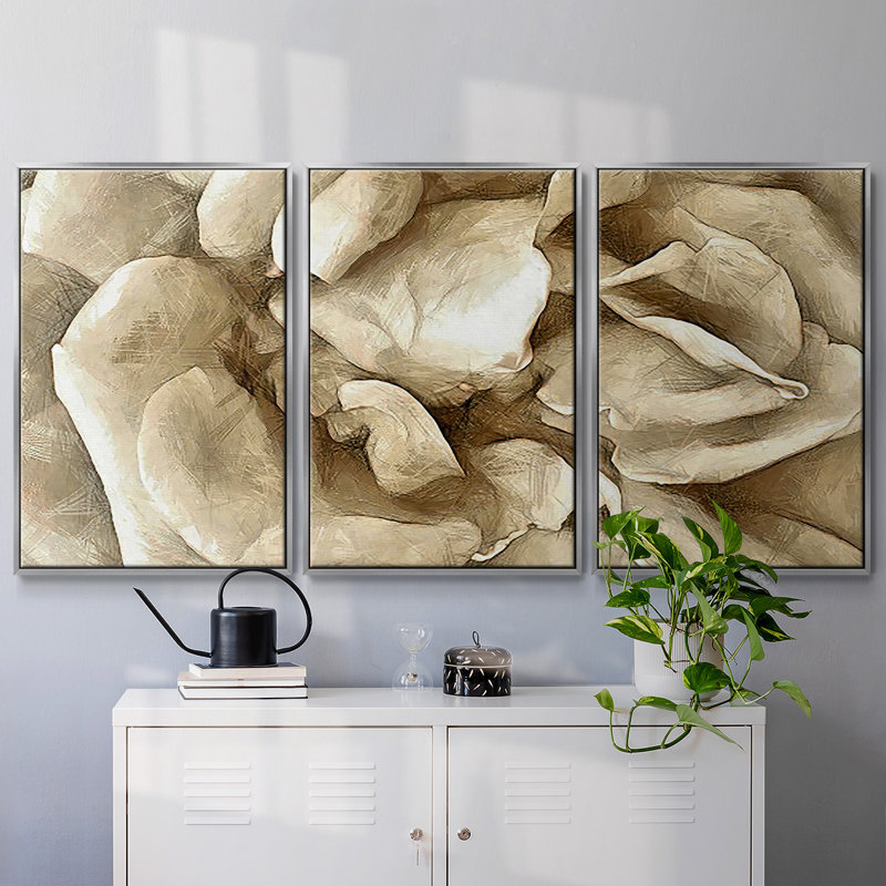 Neutral Wall Flower II - Toile encadrée multi-pièces, H 40 po x l 78 po x P 2 po, Argenté