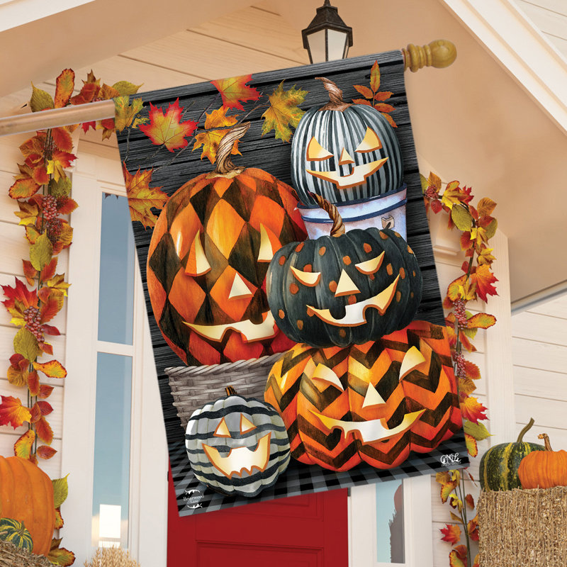 Drapeau à motifs Jack-O-Lanterns House, Orange, noir, gris