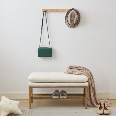 Upholstered Shoe Storage Bench With Cushioned Seat, End Of Bed Bench With Open Shelf And Metal Legs For Entryway