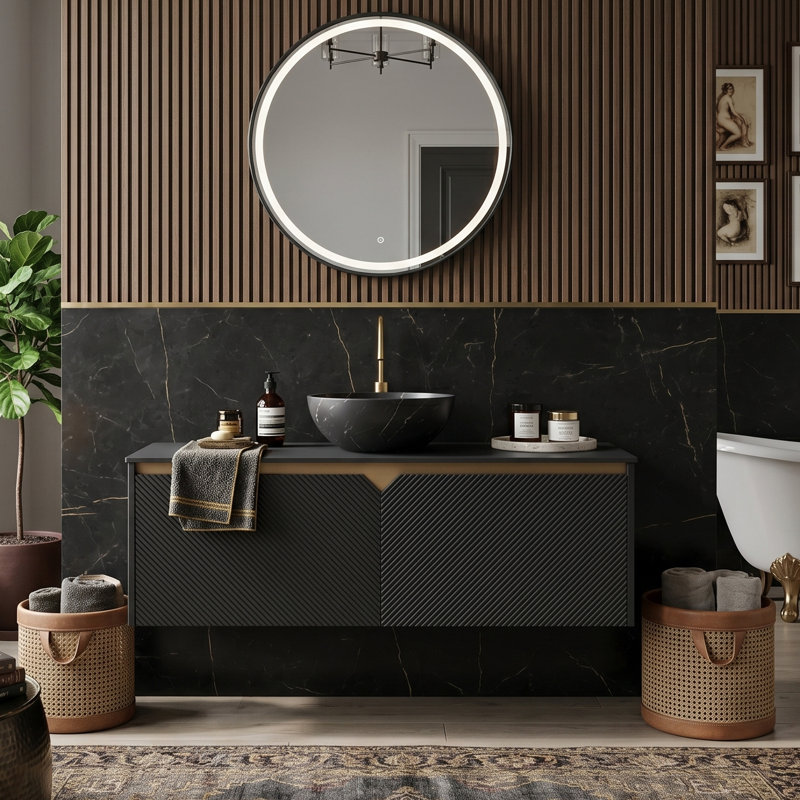 Meuble-lavabo flottant moderne de 48 po avec plateau en pierre frittée noire, portes en sergé géométrique avec garniture en métal, 4 options d'évier de vasque (noir)