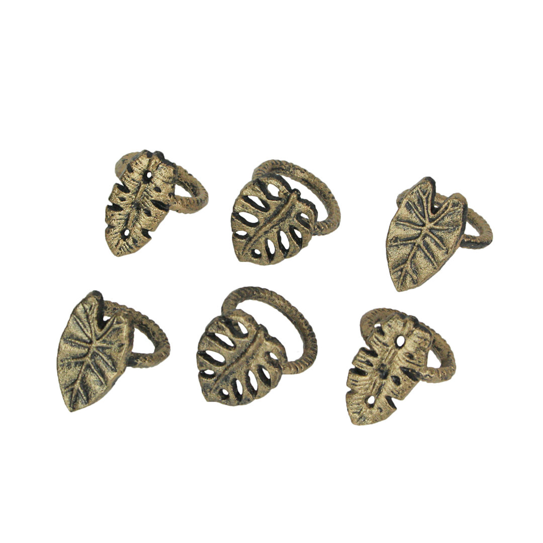 Set Of 6 Green Bronze Cast Iron Tropical Leaf Napkin Rings Decorative Dining Decor (Set of 6) Zeckos 