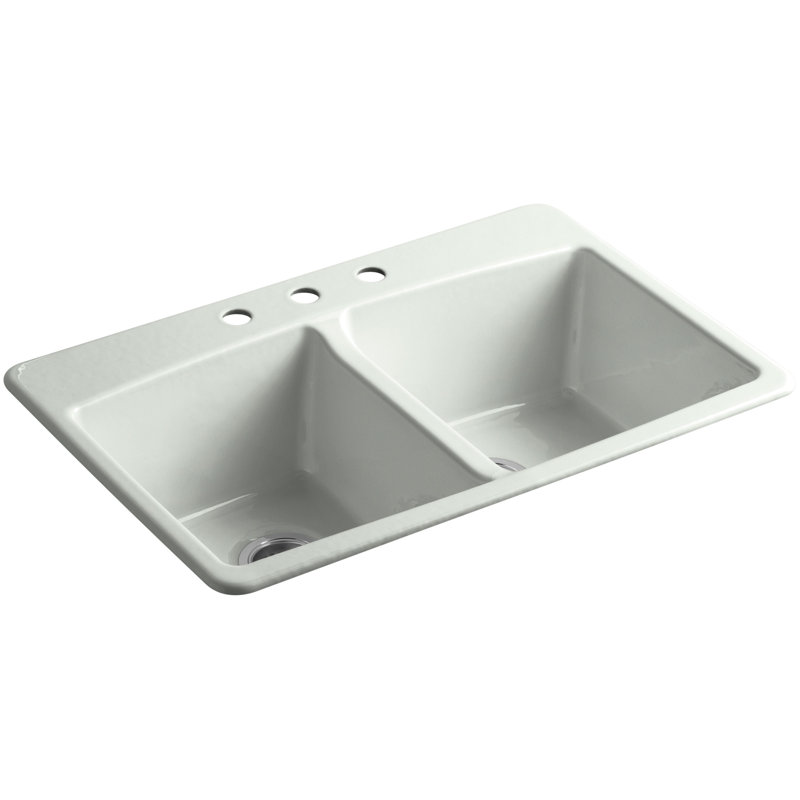33" L x 22" W x 9-5/8" Top-Mount Double-Equal Kitchen Sink, 3 Hole, Sea Salt
