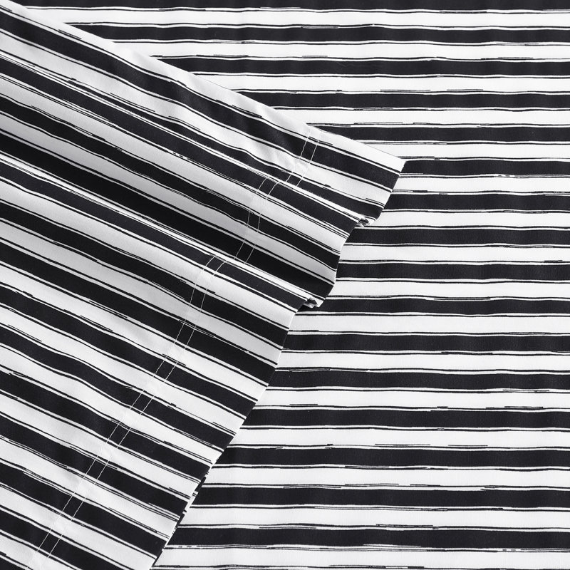 Ensemble de draps en coton percale Betsey Johnson, Ensemble de drap pour lit très grand avec drap-ho, Sketchy Stripe Black