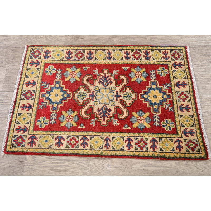 Tapis décoratif en laine de conception unique en laine vert/rouge 2 pi 1 po x 3 pi kazak noué à la main