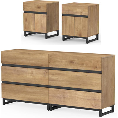 Nellie 3-Piece Dresser And Nightstand Set, 63 Inches Dresser With 6 Drawers, 2 Nightstand With Drawer And Cabinet For Bedroom, Bedroom Furniture Set,
