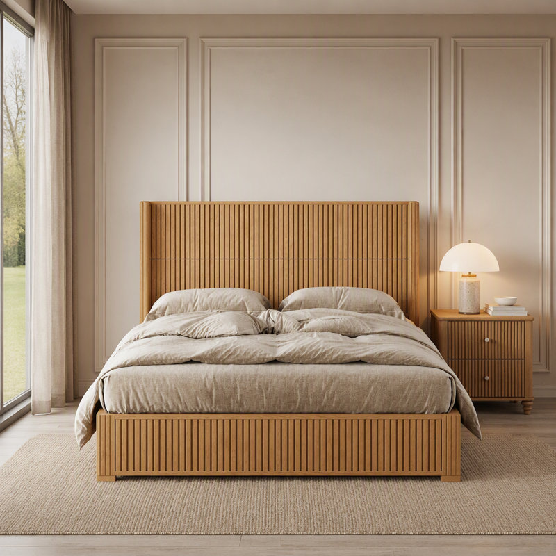 Solid Wood Platform Bed Frame with Headboard, Queen