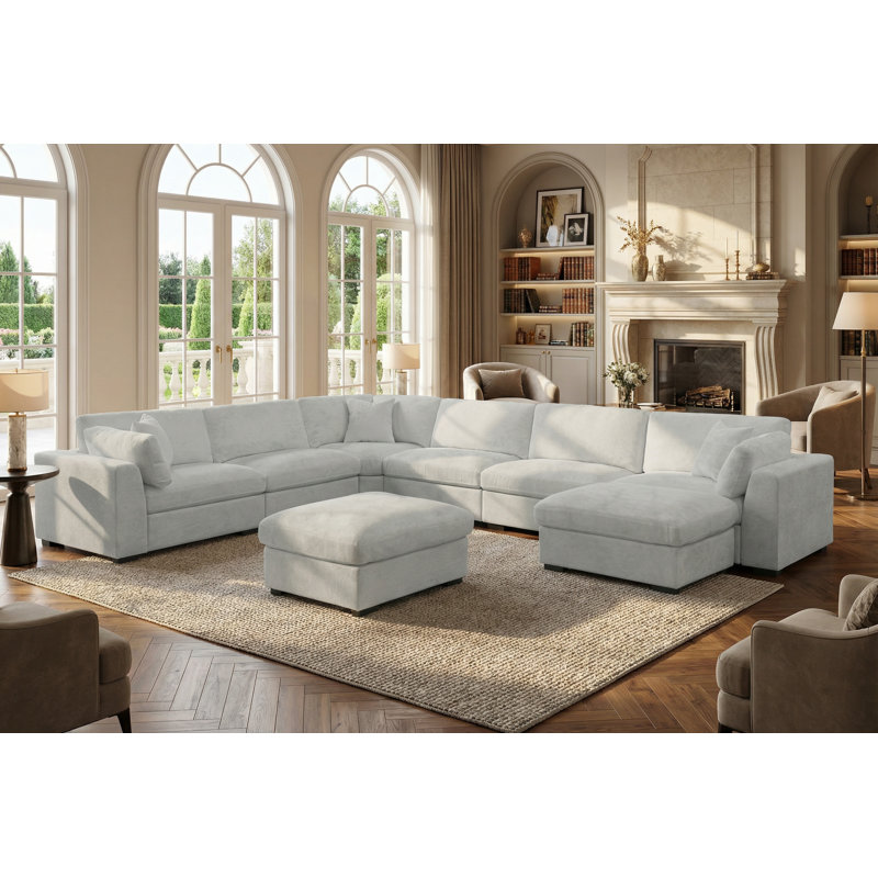 Upholstered Oversized 8 Seater Modular Sectional With Two Large Movable Ottomans, Light Gray Chenille