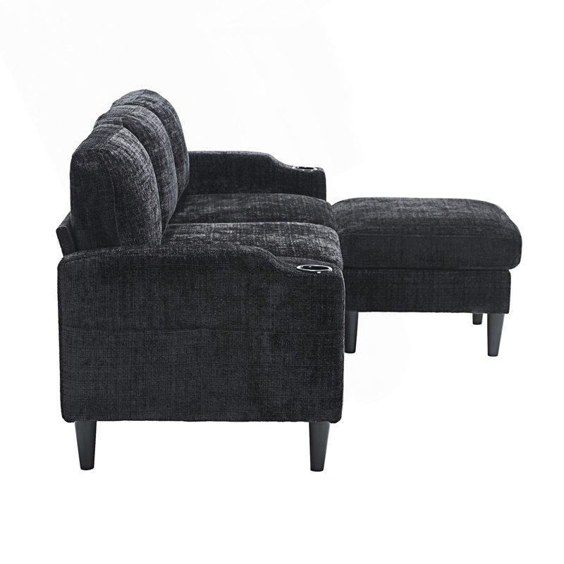 Sectional Sofa With Two Cup Holders, Black