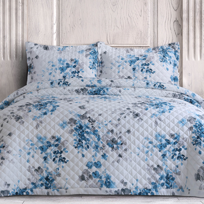 Azores Home Organic Cotton Quilts Cotton Sateen Floral Quilt, Queen Quilt + 2 Shams