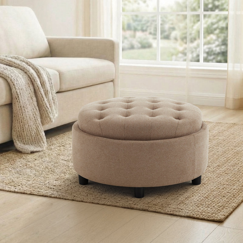 25'' Upholstered Round Storage Ottoman with Tufted Cushion, Camel