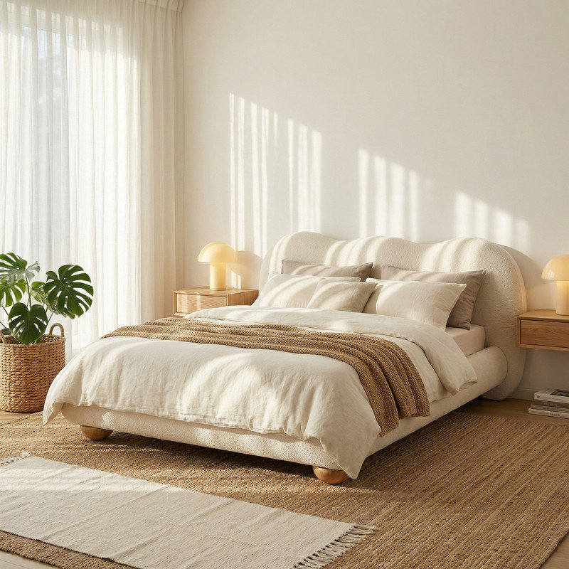 Grand lit plateforme tapissier avec tête de lit ondulée Cloud Wave, Grand lit, Blanc