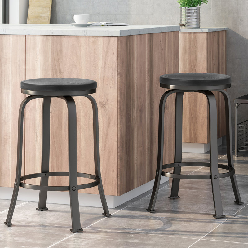 Tabouret de comptoir 2 pièces - industriel moderne, couleur noire, structure en fer, hauteur de siège de 24,05 po, fonction pivotante, tabourets industriels en faux bois avec placage de frêne noir, + métal, pivotant,