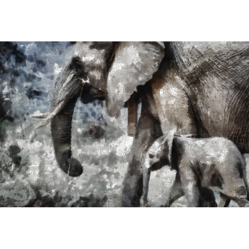 Painted Gray Elephant And Baby - Wrapped Canvas Art Prints, 61cm H x 91cm W x 3.8cm D